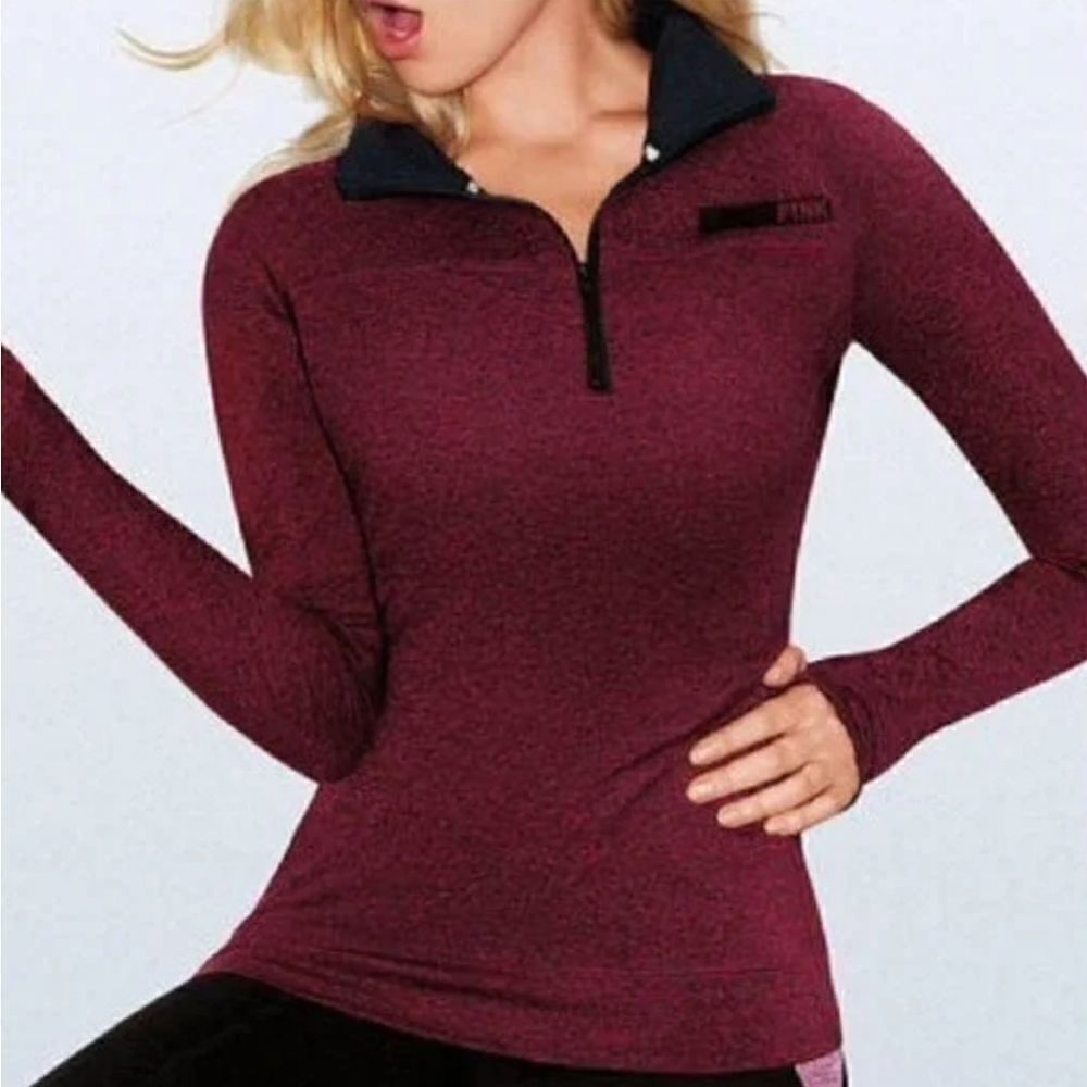 PINK Victoria's Secret Maroon Qtr Zip Long Sleeve Pullover Top